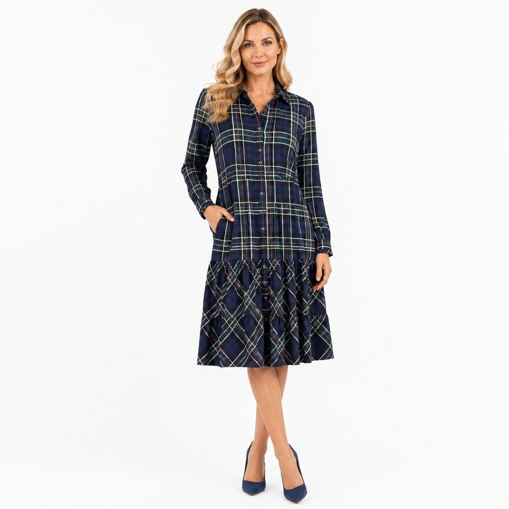 UNTUCKit Dress Sz 8 Dara Midi Shirt Blue Tartan Plaid Preppy Academia Tiered